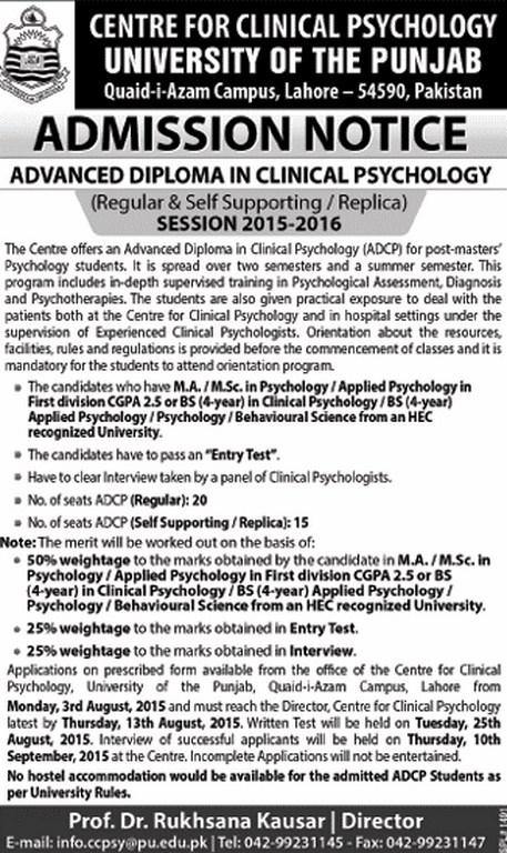 Clinical Psychology admission in University of Punjab