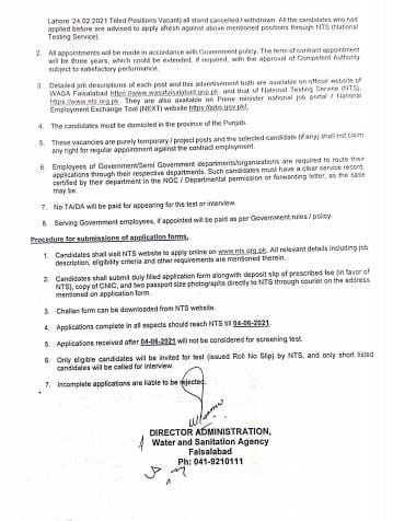 WASA Faisalabad NTS Jobs May 2021