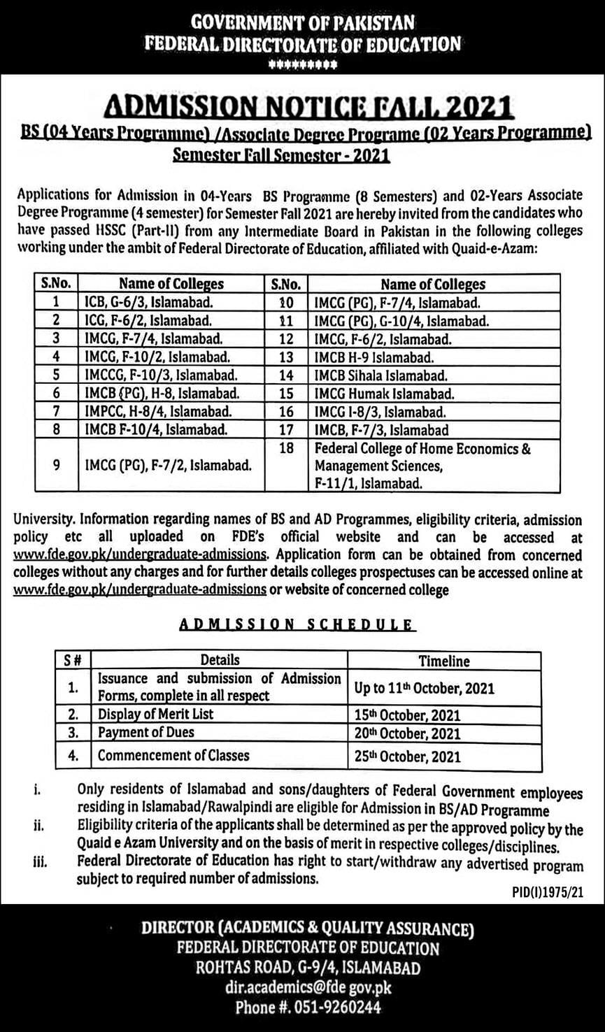 Federal Directorate of Education (FDE) BS Admission 2021