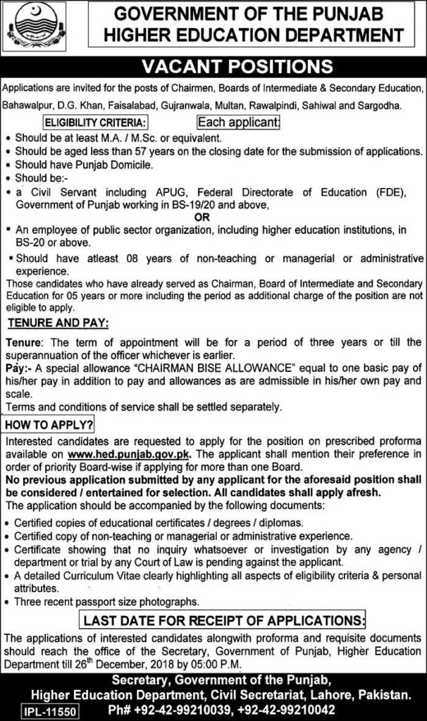 GOVERNMENT OF THE PUNJAB HIGHER EDUCATION DEPARTMENT JOBS 2022