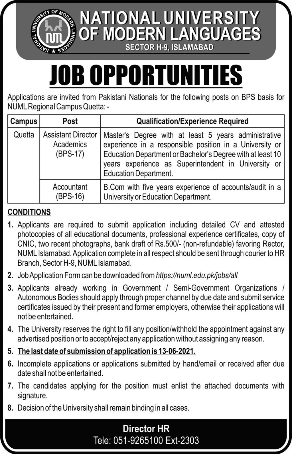 NUML Regional Campus Quetta Jobs 5th June 2021