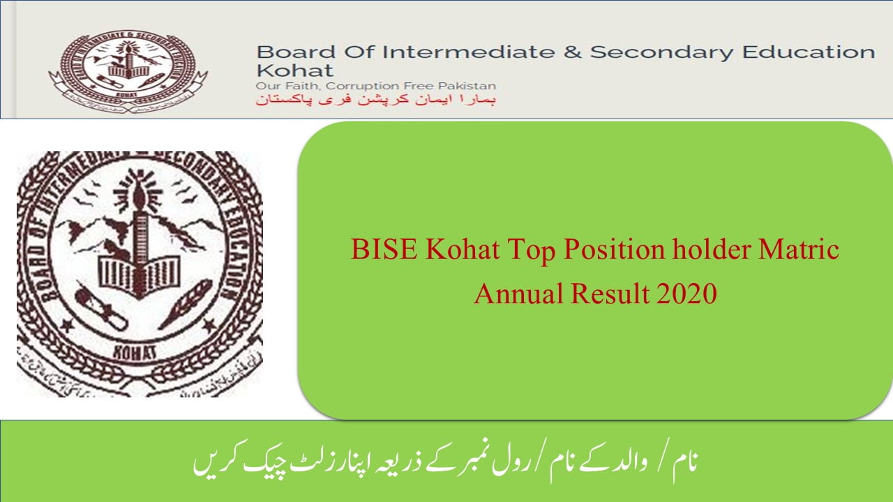 BISE Kohat Top Position holder Matric Annual Result 2020 