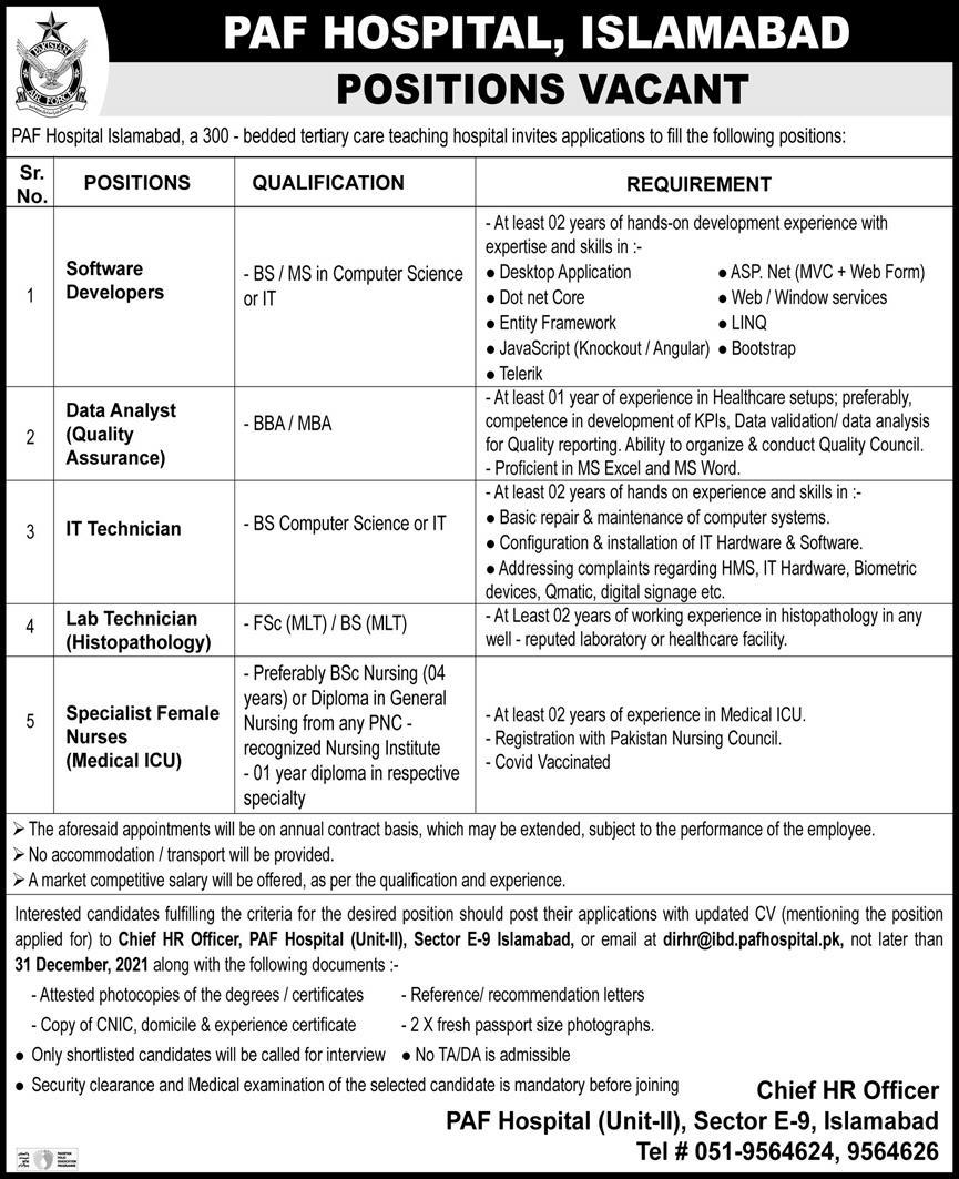PAF Hospital Islamabad Jobs 2021