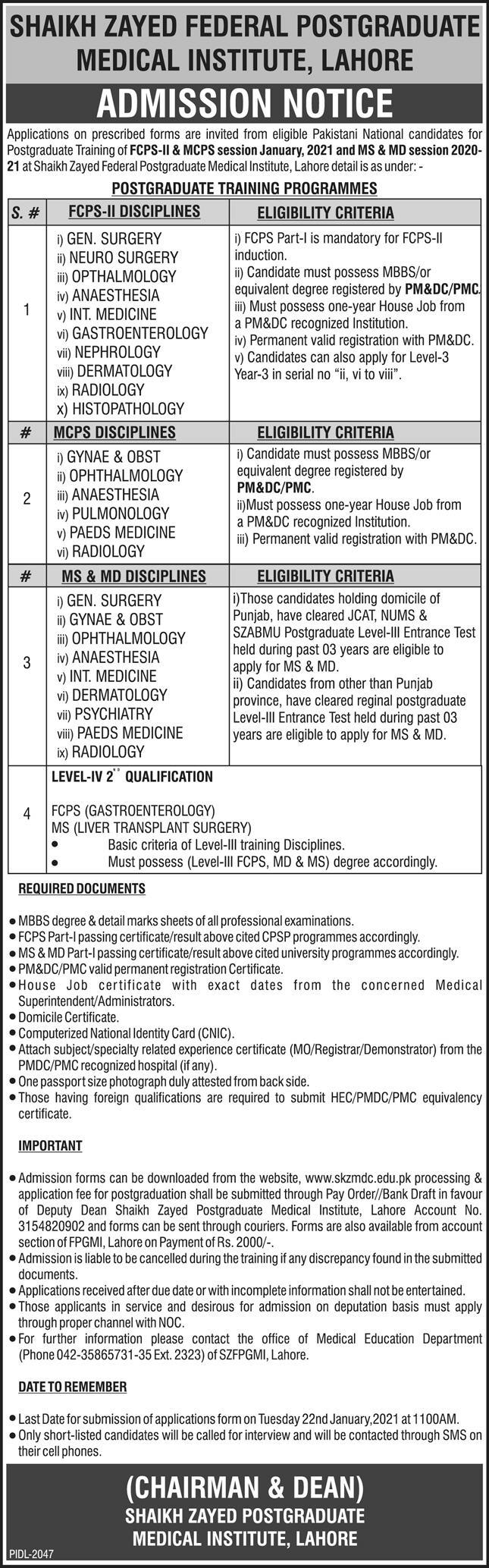 SHEIKH ZAYED FEDERAL POSTGRADUATE MEDICAL INSTITUTE LAHORE ADMISSION 2021