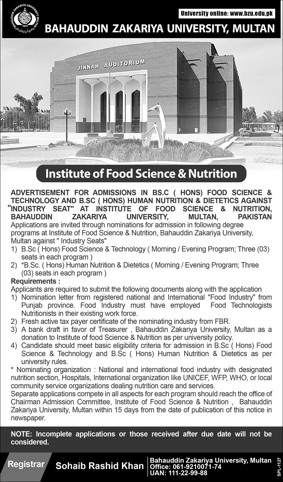 BZU Multan Institute of Food Science & Nutrition Admission