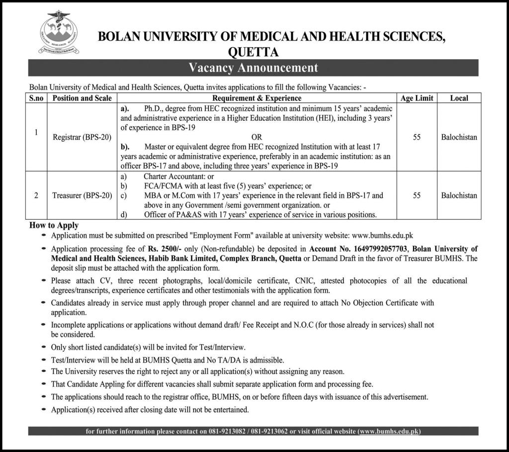 BOLAN UNIVERSITY OF MEDICAL AND HEALTH SCIENCES QUETTA JOBS 2022