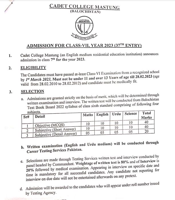 Cadet College Mastung VII Class Admission 2023 Application Forms