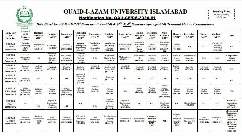Quaid e Azam University(QAU)slamabad BS & ADP Date Sheet 2021