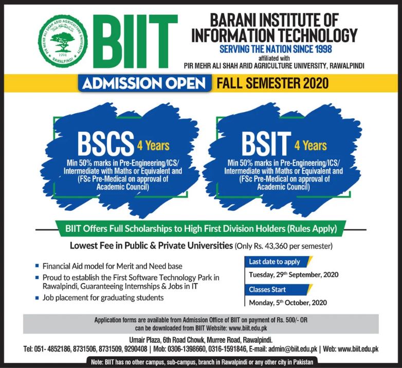 Barani Institute of Information Technology(BIIT) Fall Admission 2020