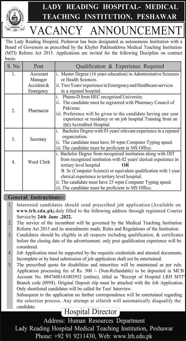 Lady Reading Hospital Peshawar (MTI) Jobs 9th June 2022