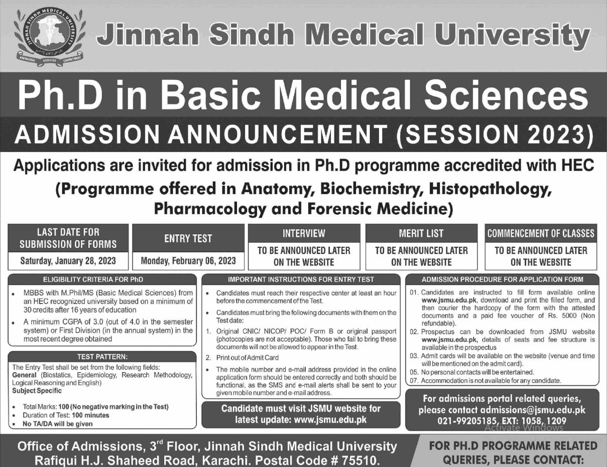 Jinnah Sindh Medical University Ph.D in Basic Medical Sciences Admission 2023