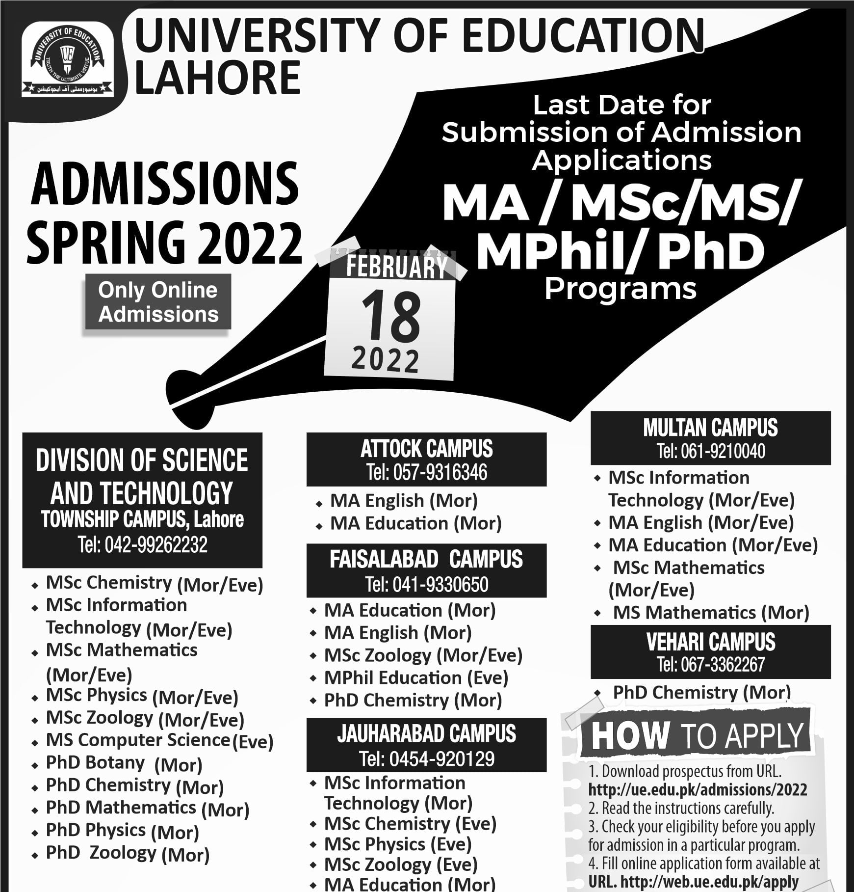 University of Education MA/M.Sc/M.Phil/Ph.D Admission 2022