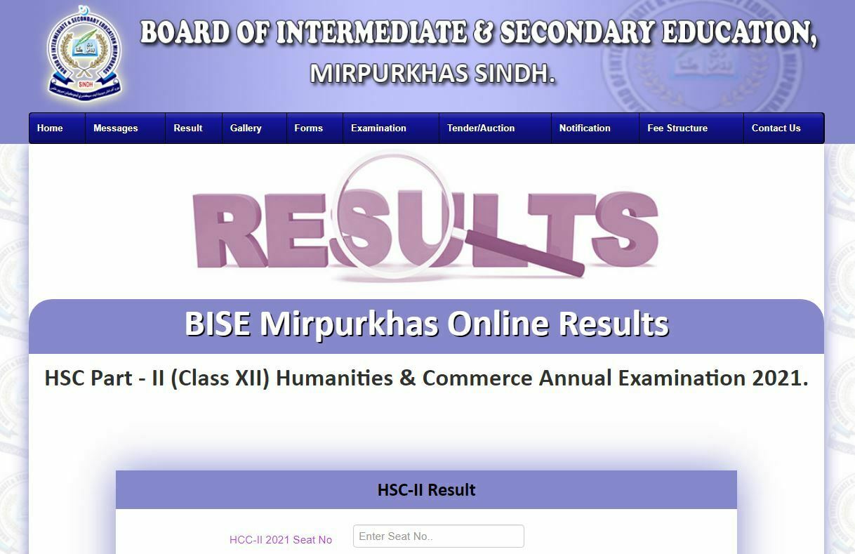 BISE Mirpur khas HSC Part - II (Class XII) Result 2021