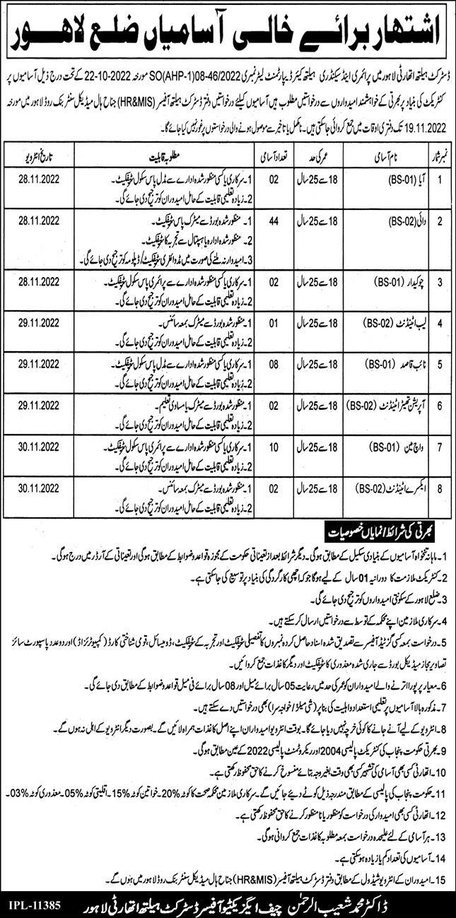 District Health Authority(DHA) Lahore Jobs 8th November 2022