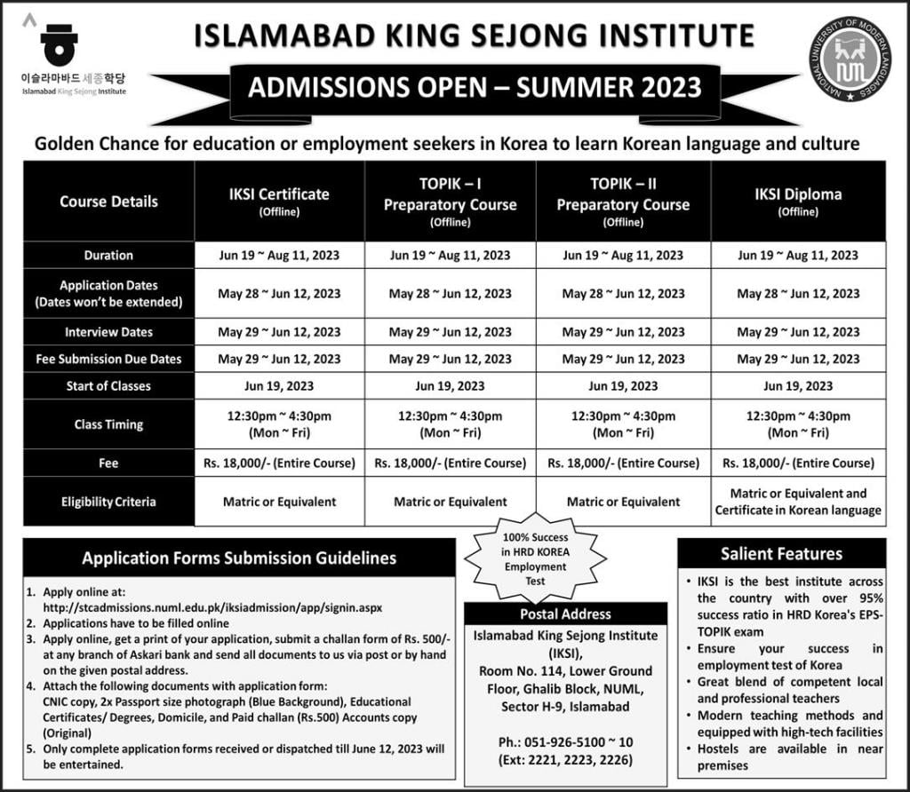 ISLAMABAD KING SEJONG INSTITUTE ADMISSIONS SUMMER 2021