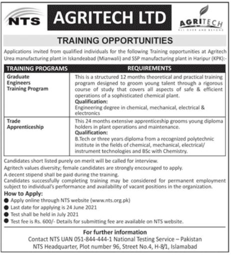 Agri Tech Ltd, Trainee Engineers and Trainee Apprentices for Plants situated in Minawali & haripur