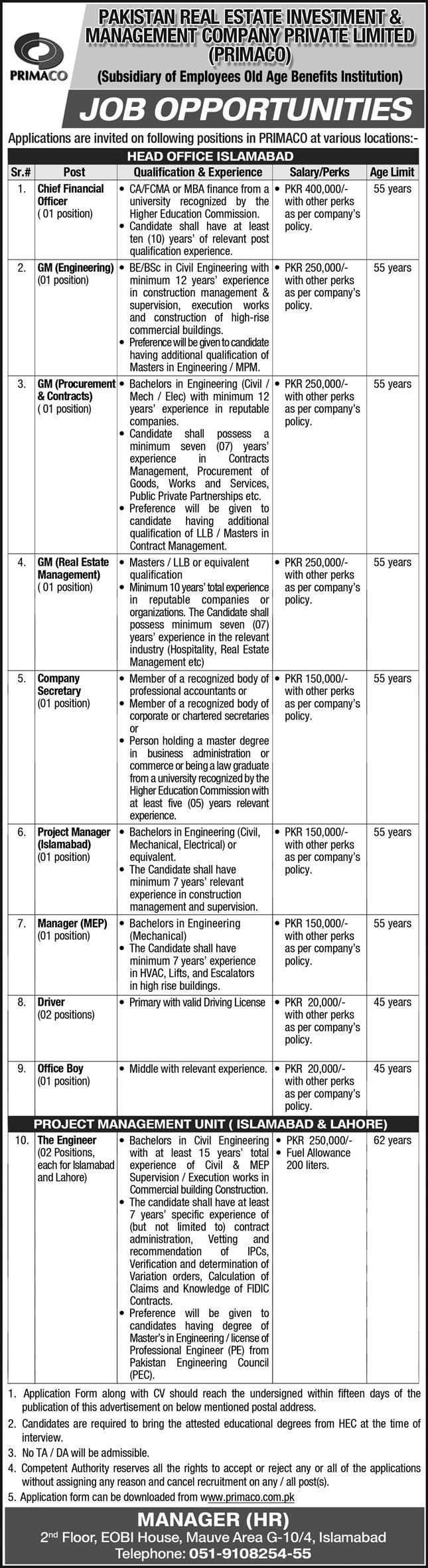 PAKISTAN REAL ESTATE INVESTMENT & MANAGEMENT COMPANY PRIVATE LIMITED JOBS 2021