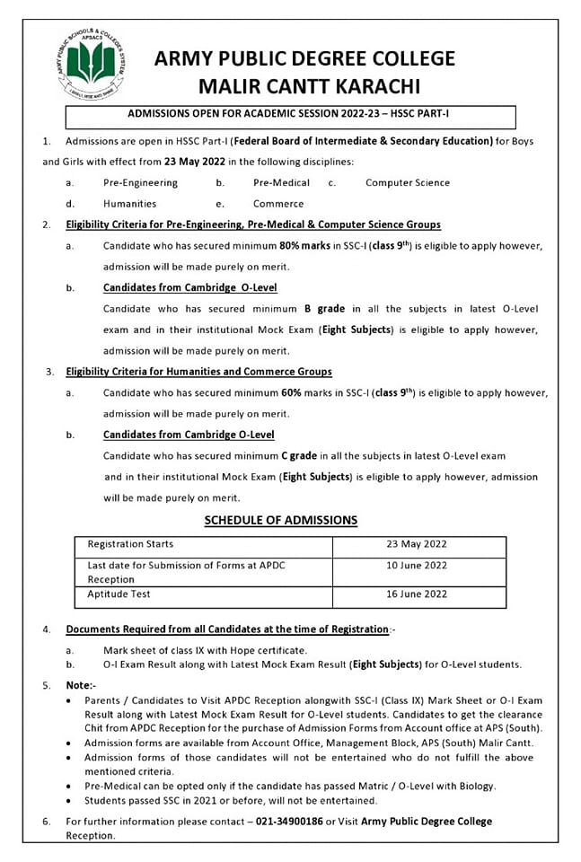 Army Public Degree College Malir Cantt Admission 2023-2024