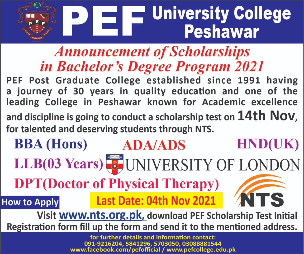 PEF Post Graduate College Peshawar (Scholarship Test for FA/FSC Candidates 2021