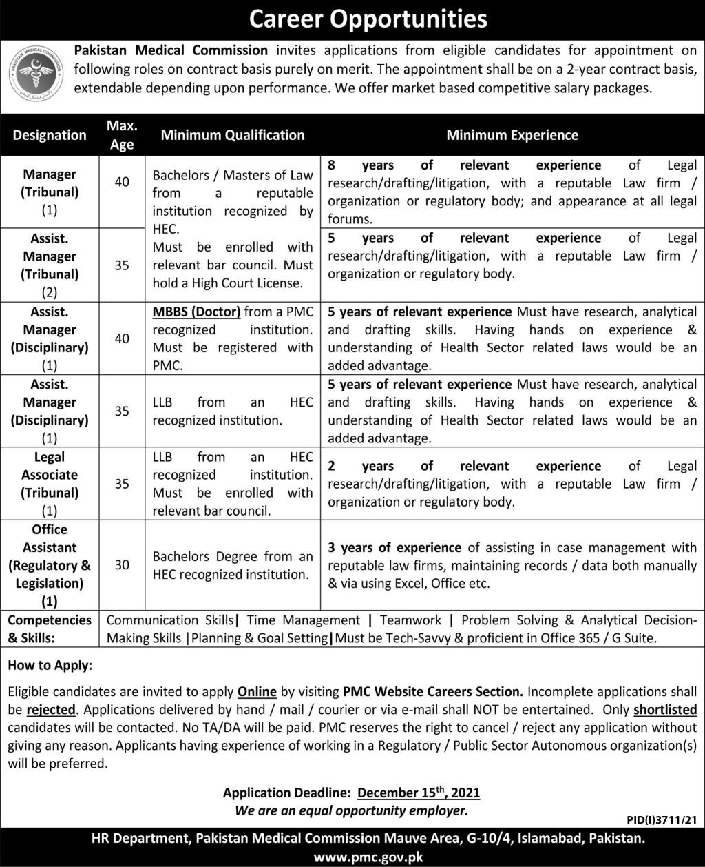 Pakistan Medical Commission (PMC)Islamabad Jobs 7th December 2021