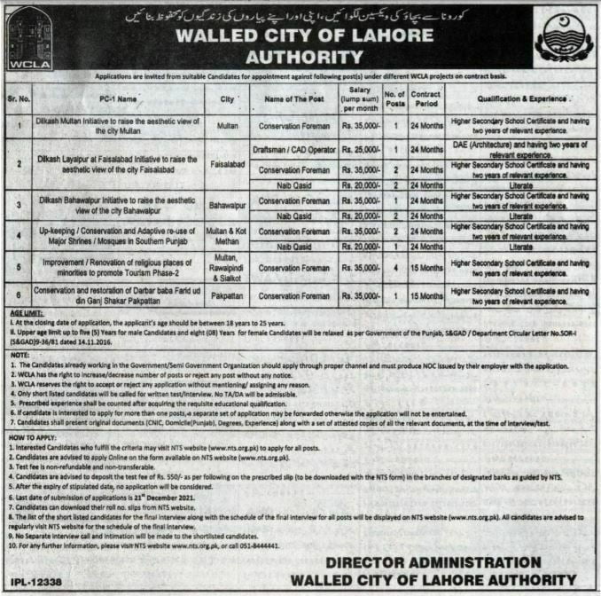 Walled City of Lahore Authority Jobs NTS Test Result 2021