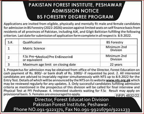 PFI BS Forestry Admission 2022-2026 Online Apply