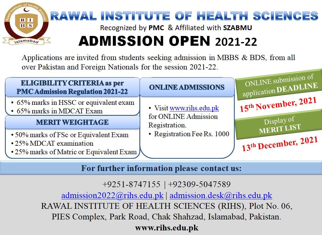 RAWAL INSTITUTE OF HEALTH SCIENCES (RIHS) MBBS & BDS 2021-22