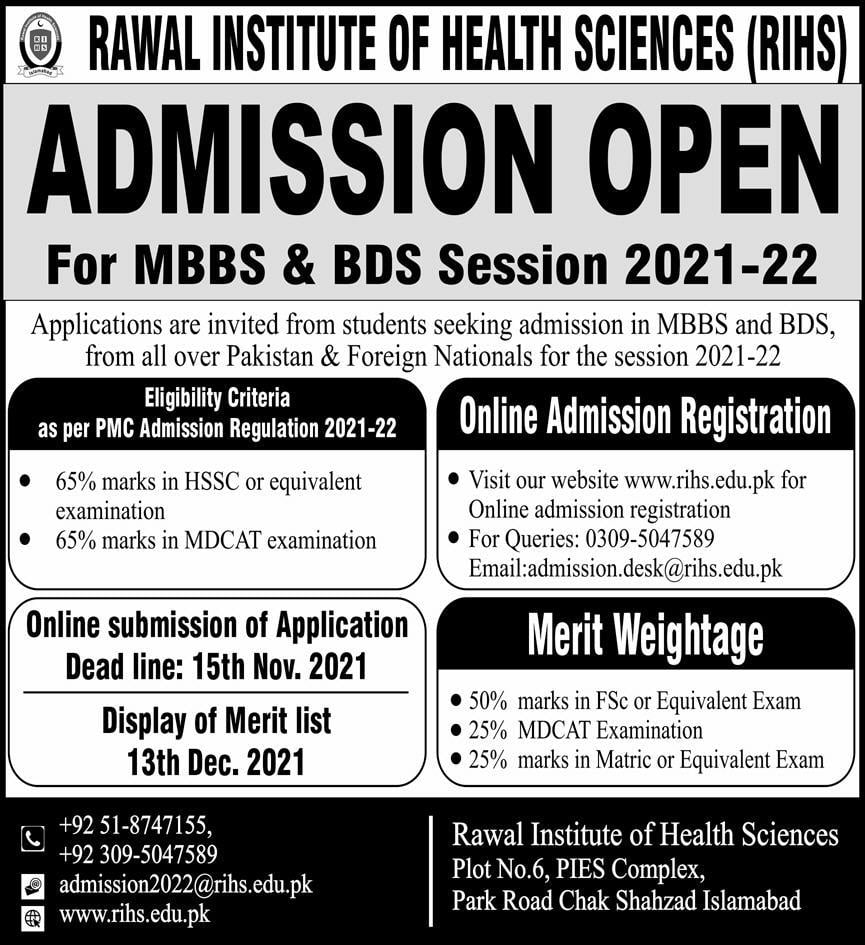 RAWAL INSTITUTE OF HEALTH SCIENCES (RIHS) ADMISSION OPEN For MBBS & BBS Session 2021-22