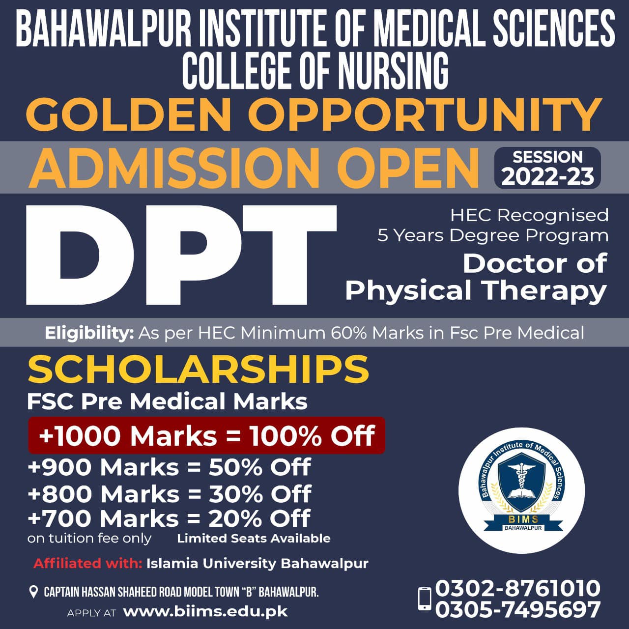BIMS DOCTOR OF PHYSICAL THERAPY ADMISSION 2023