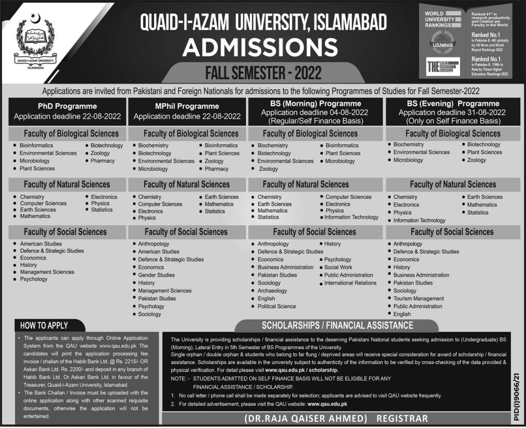 QAU Ph.D/MPhil/MS Programmes Admission 2022