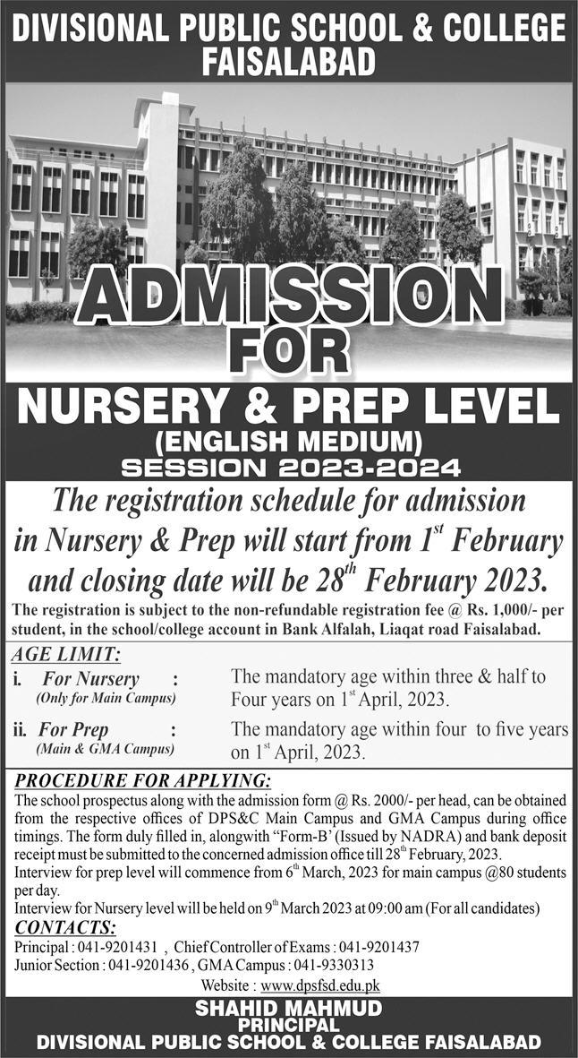 DPS Faisalabad Prep & Nursery Admission 2023-24