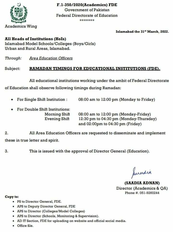 FDE Islamabad School Timing in Ramzan