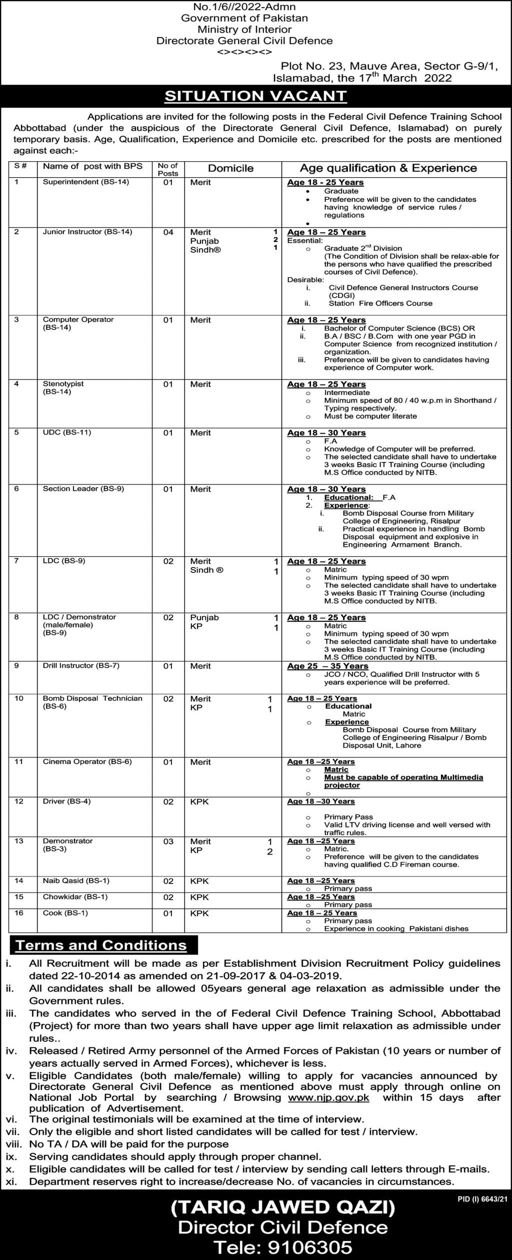 Federal Civil Defence Training School Abbottabad Jobs 20th March 2022