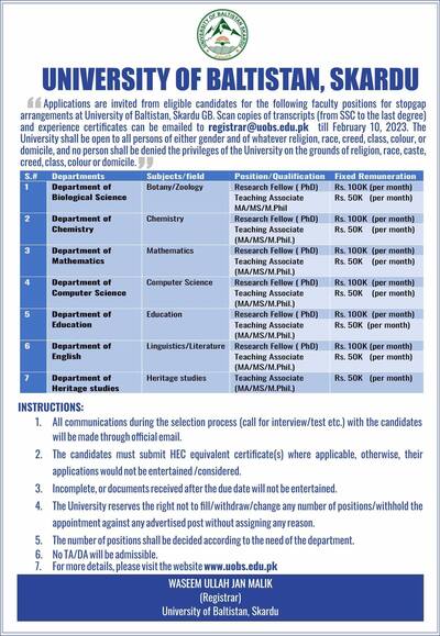 University of Baltistan Skardu (UoBS) Jobs 2023 Online Apply