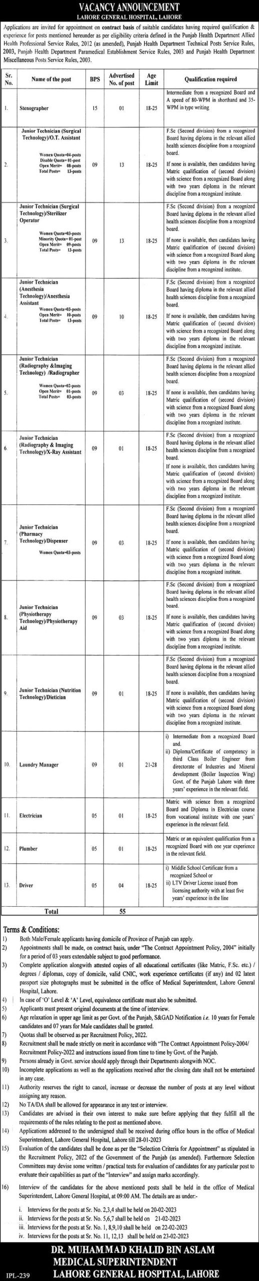 LGH Lahore Jobs 8th January 2023