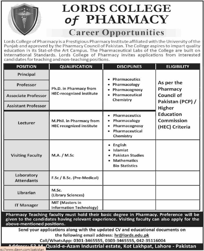 Lords College of Pharmacy Jobs 2022