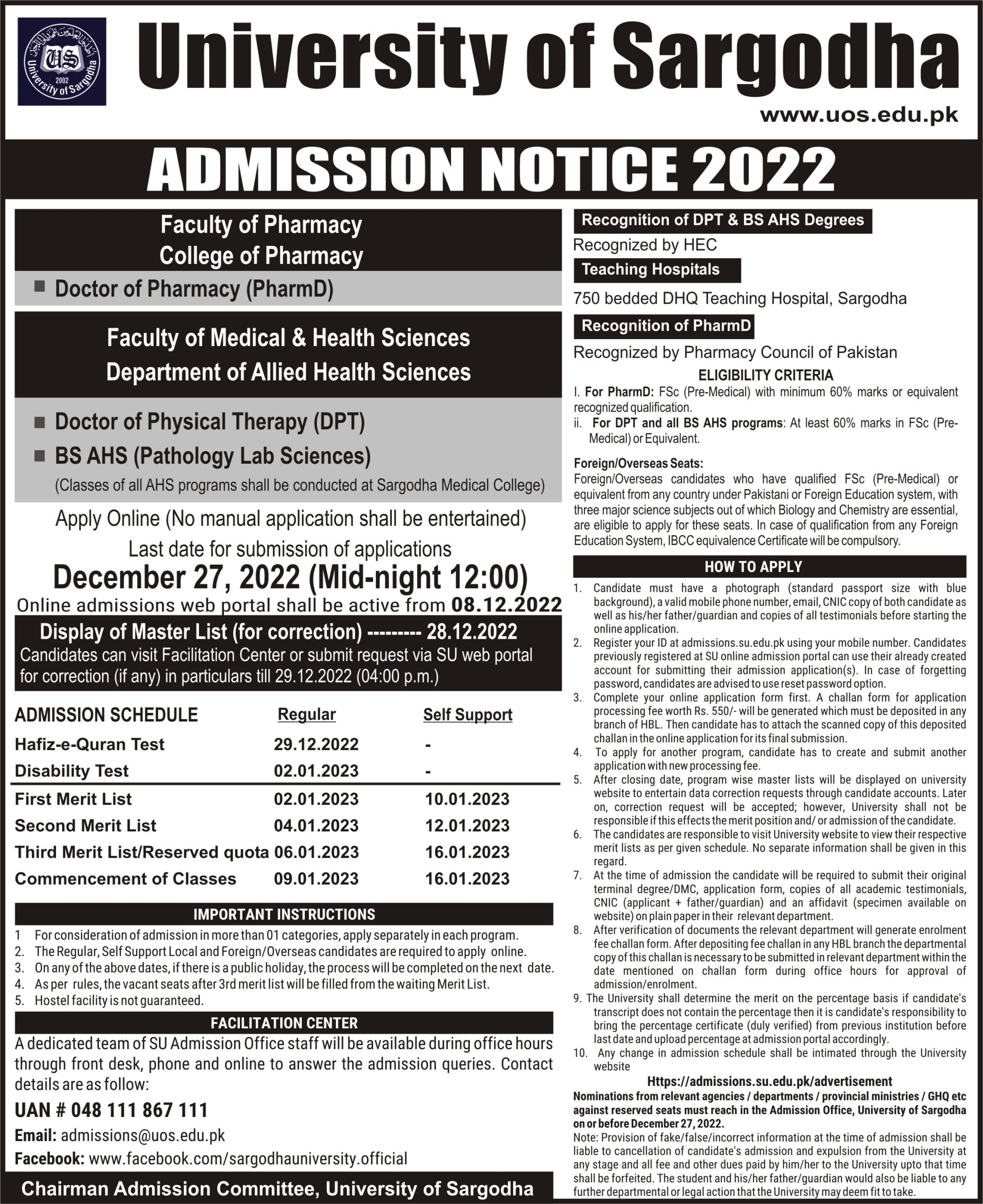 UOS Faculty of Pharmacy/College of Pharmacy Admission 2023