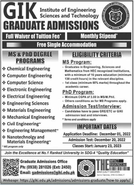 GIK Institute of Engineering Sciences and Technology Admission 2022