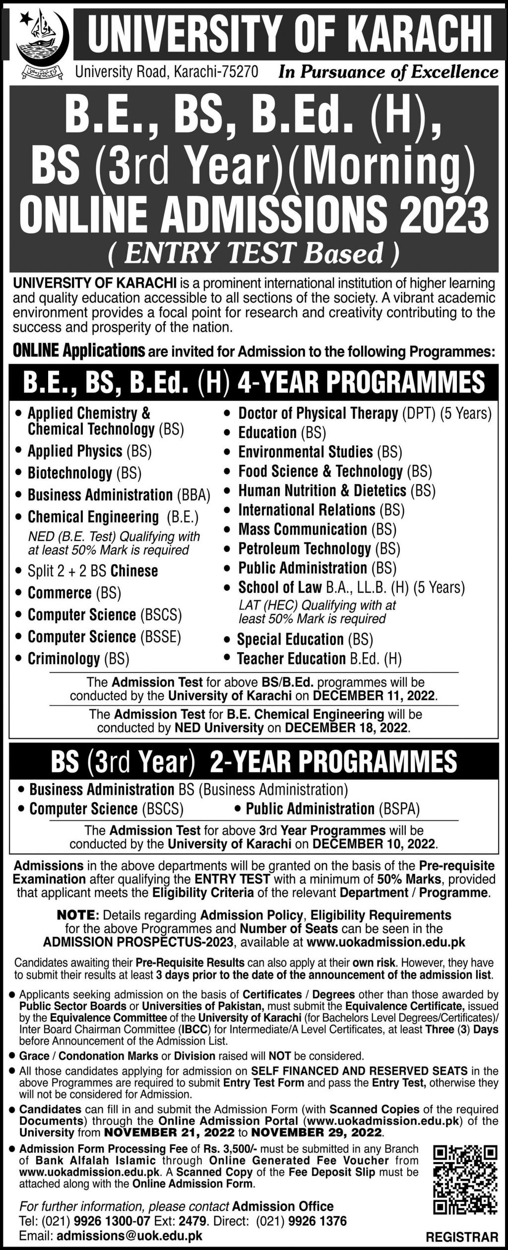 University of Karachi B.E., BS, B.Ed. (H), BS (3rd Year) Admission 2023