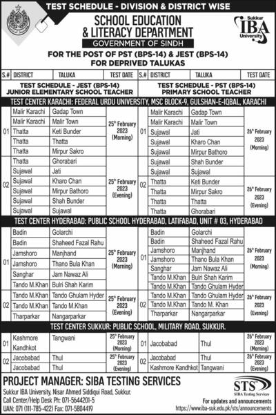 SCHOOL EDUCATION & LITERACY DEPARTMENT GOVERNMENT OF SINDH TEST SCHEDULE DIVISION & DISTRICT WISE
