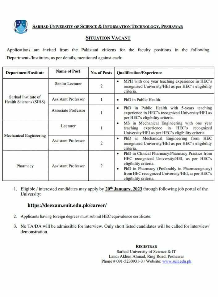 Sarhad University of Science And Information Technology(SUIT) Jobs 2023