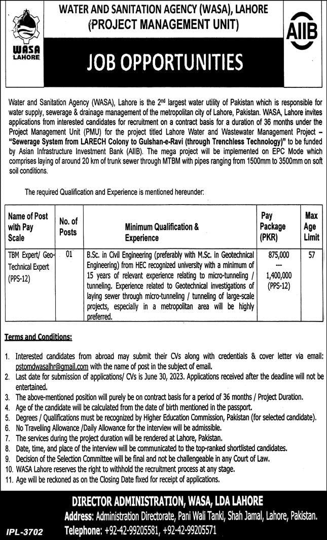 WASA Lahore Jobs 2023 Online Apply