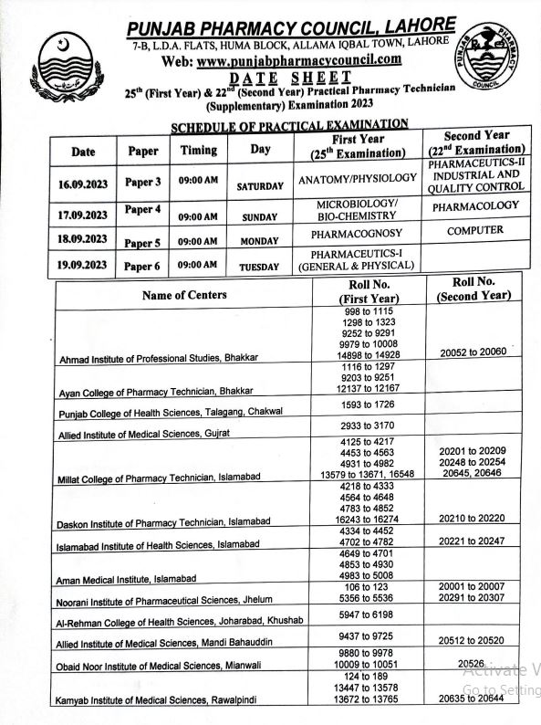 Pharmacy Technician Supplementary Examination Practical Date Sheet 2023