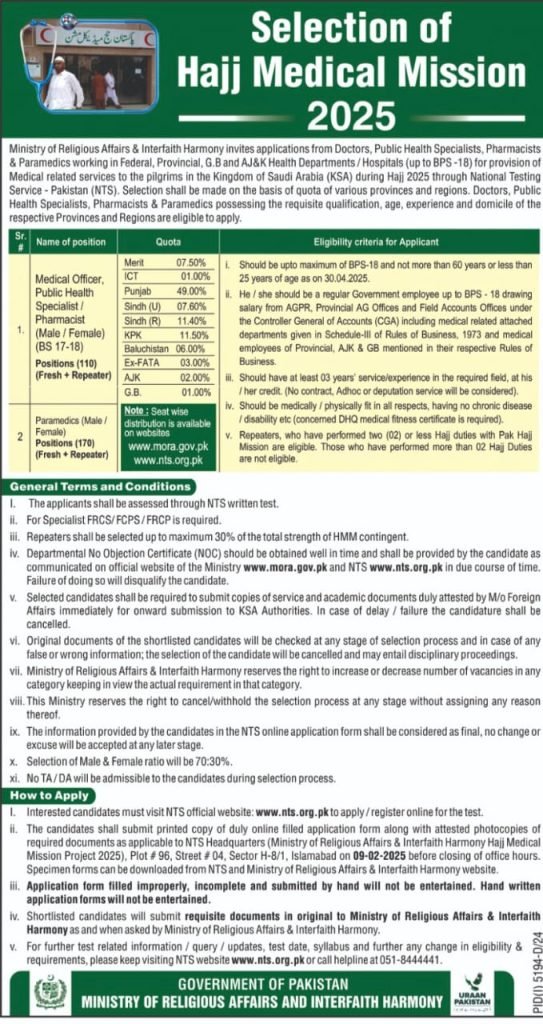 Hajj Medical Mission 2025 Application Form, Test date and syllabus