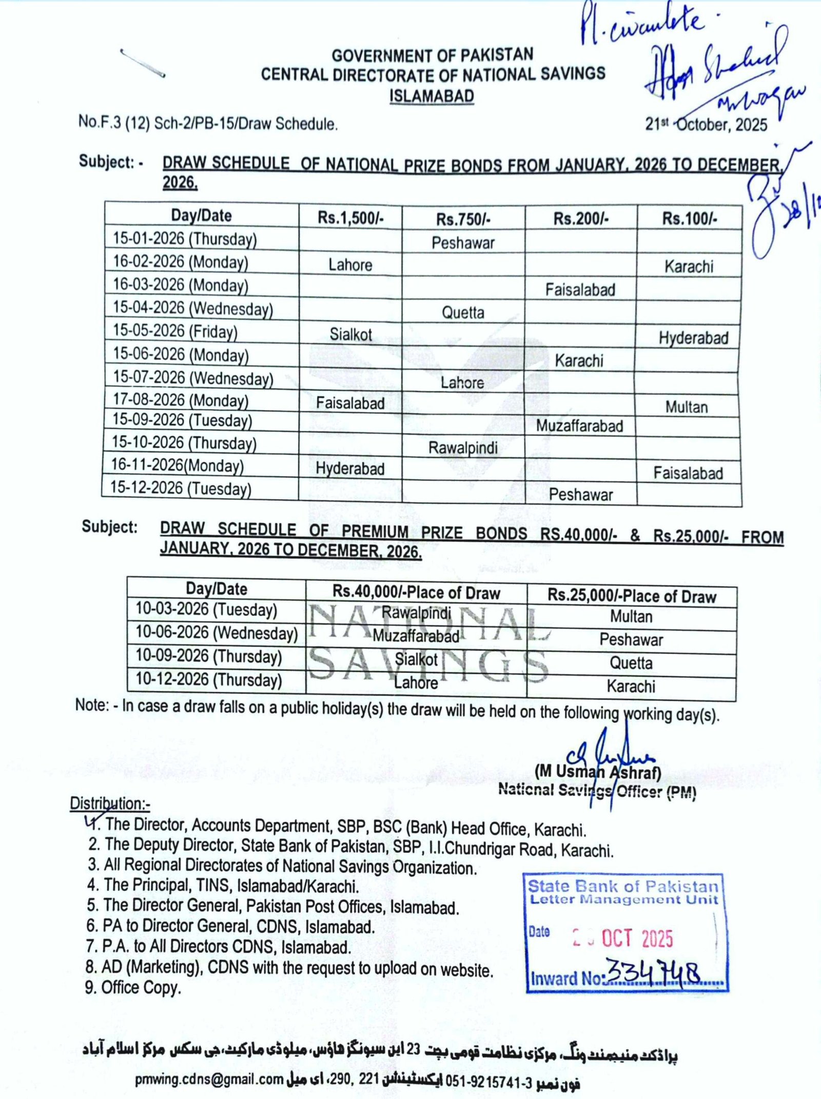 Prize Bond Schedule 2026