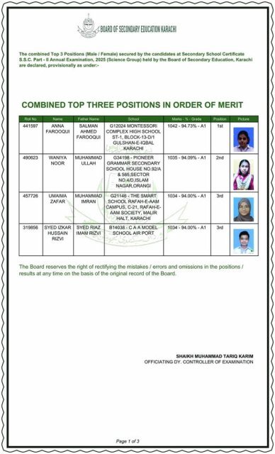 BSEK Karachi SSC Part II Science Group Result 2025 announcement with pass percentage and statistics